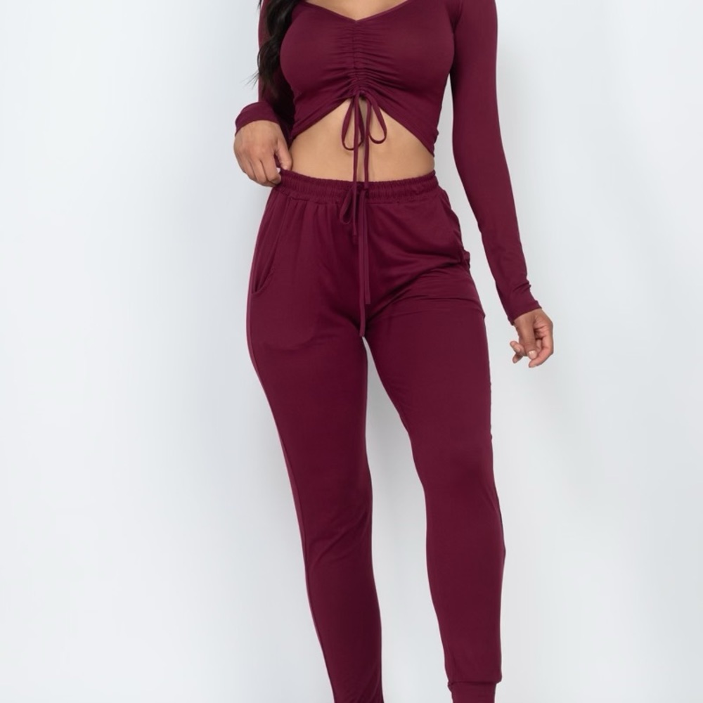 Strap ruched crop top and pant set